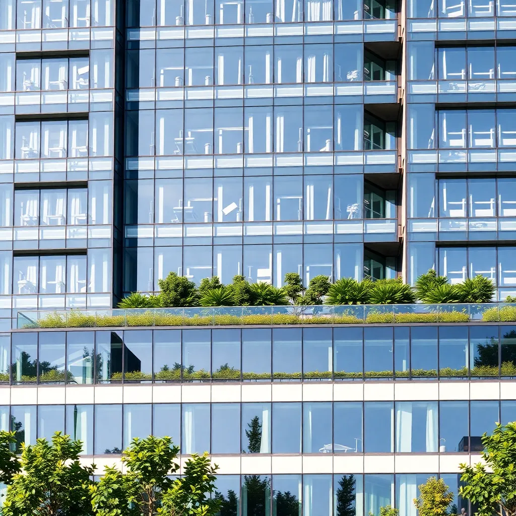 Contemporary office building with sleek glass exterior and urban landscaping