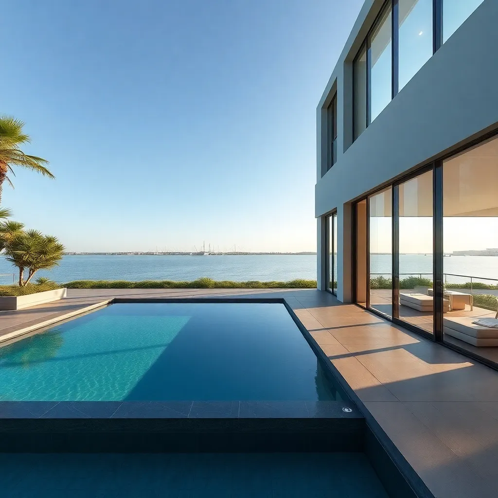 Modern luxury residential complex with glass facades and landscaped gardens