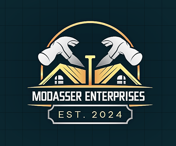 Modsser Enterprises logo - modern construction company emblem with building silhouette